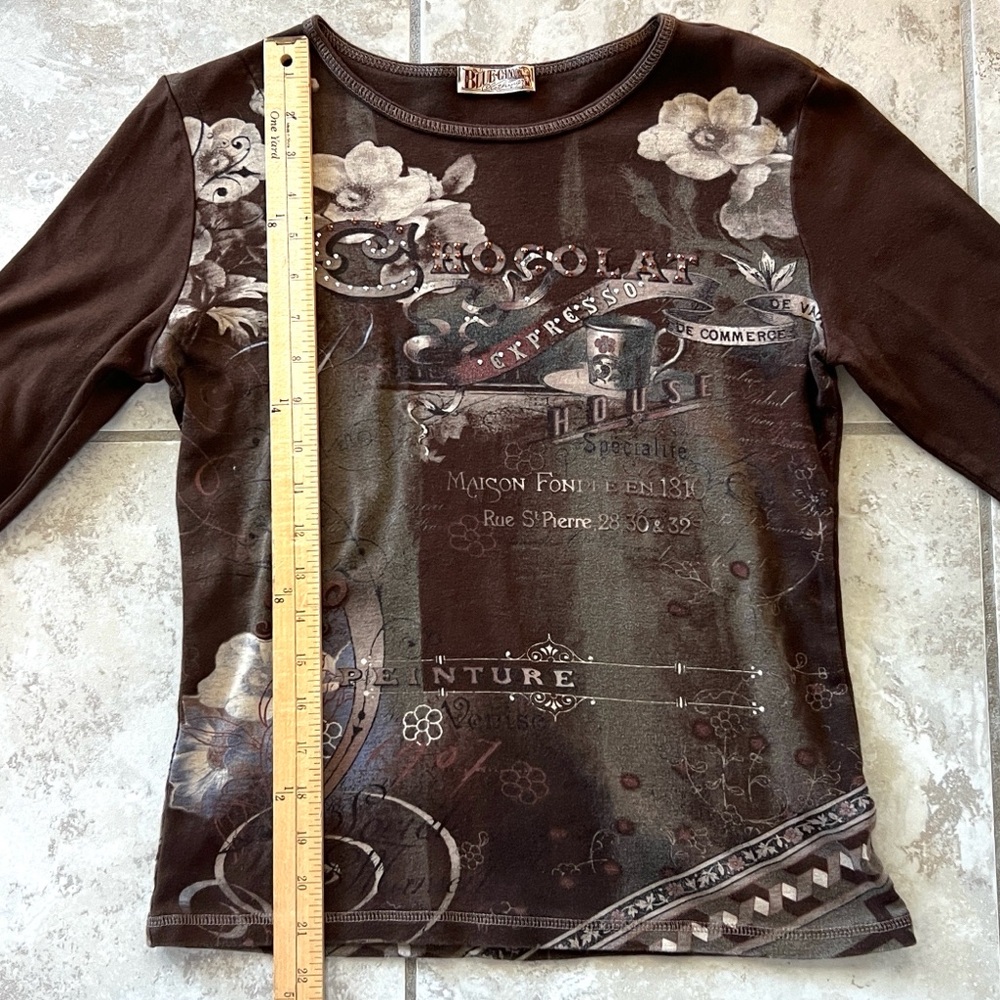 Vintage Retro Y2K Embellished Brown Knit Blue Canyon Clothing Top 3/4 Sleeves - Picture 8 of 9
